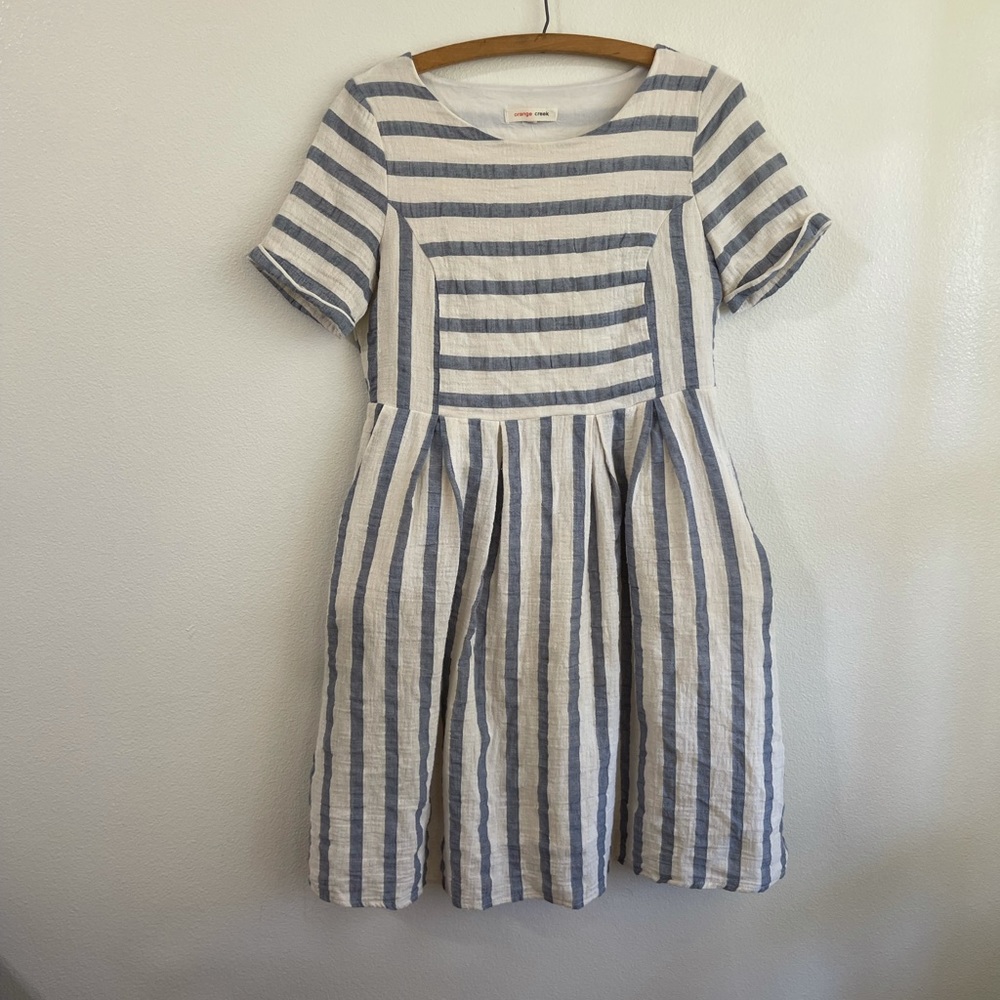 Orange Creek classic Striped Cotton Loose Fit Dress blue white Small